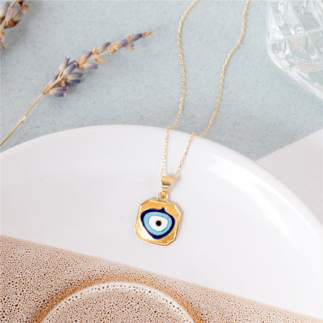 Solid Gold Square Evil Eye Necklace