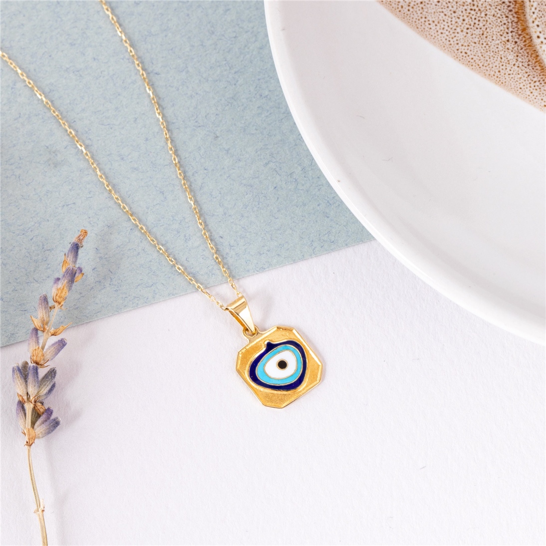 Solid Gold Square Evil Eye Necklace