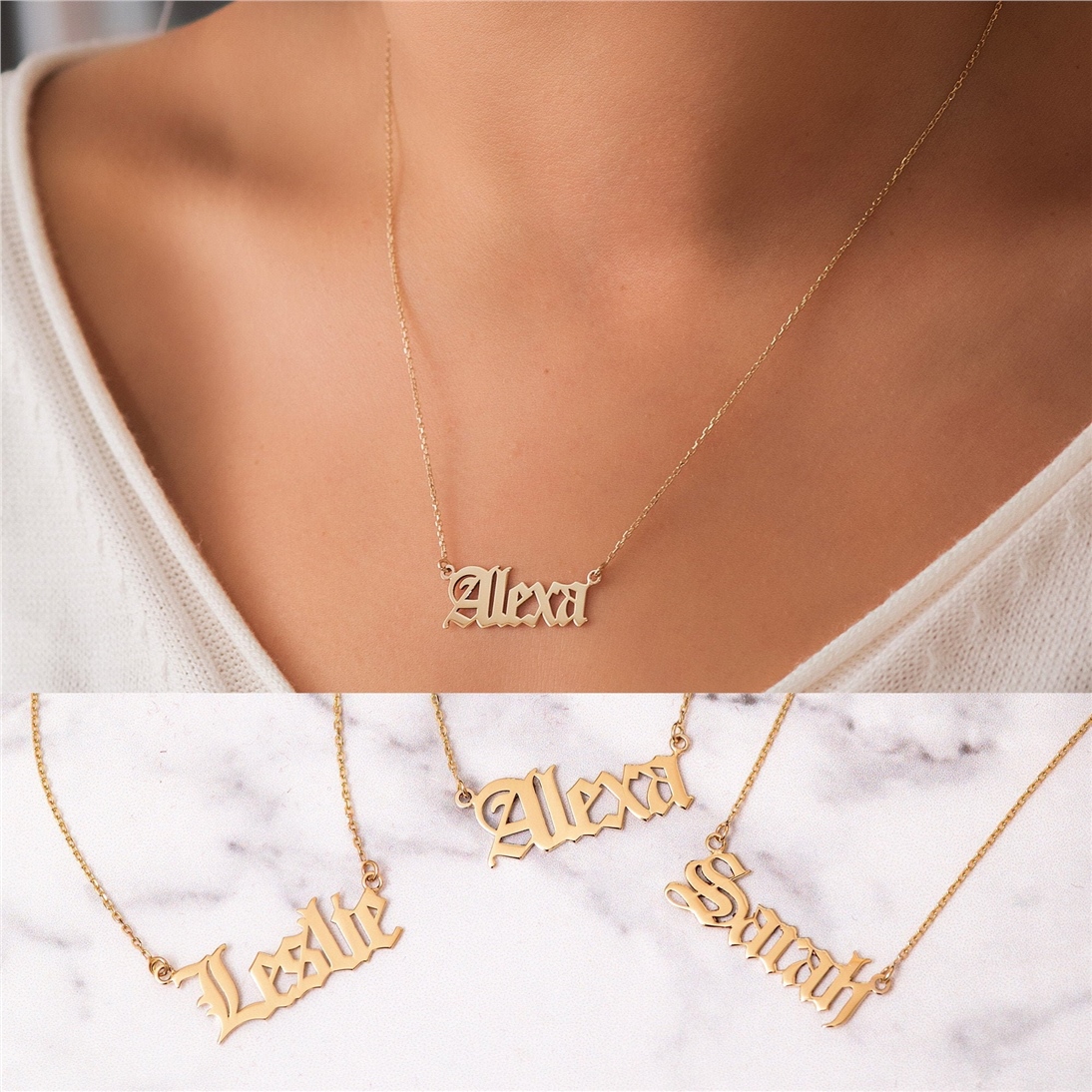 Solid Gold Gothic Name Necklace