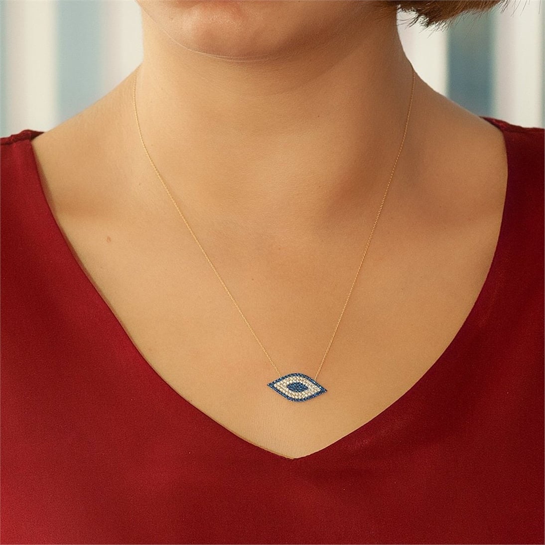 Solid Gold Cubic Zirconia Evil Eye Necklace