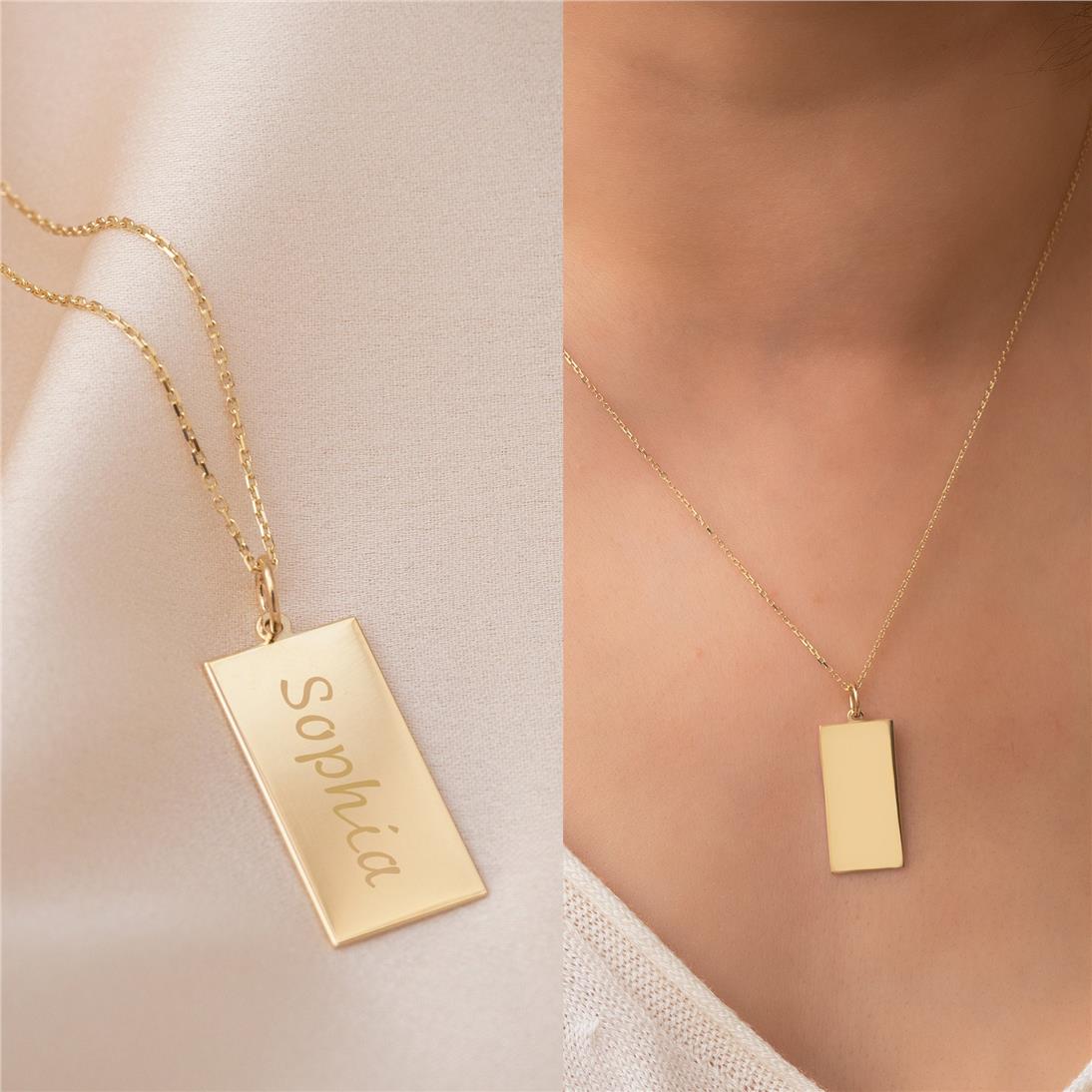 Solid Gold Rectangular Tag Necklace