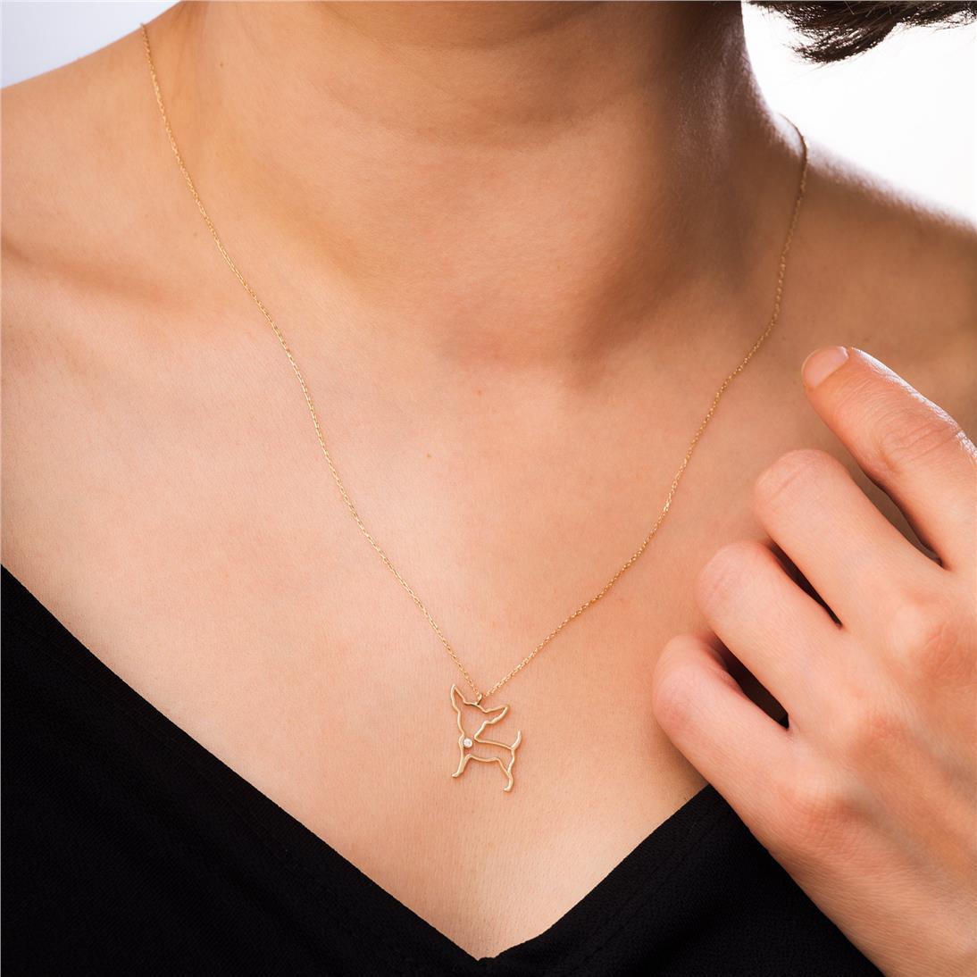 Solid Gold Diamond Chihuahua Necklace