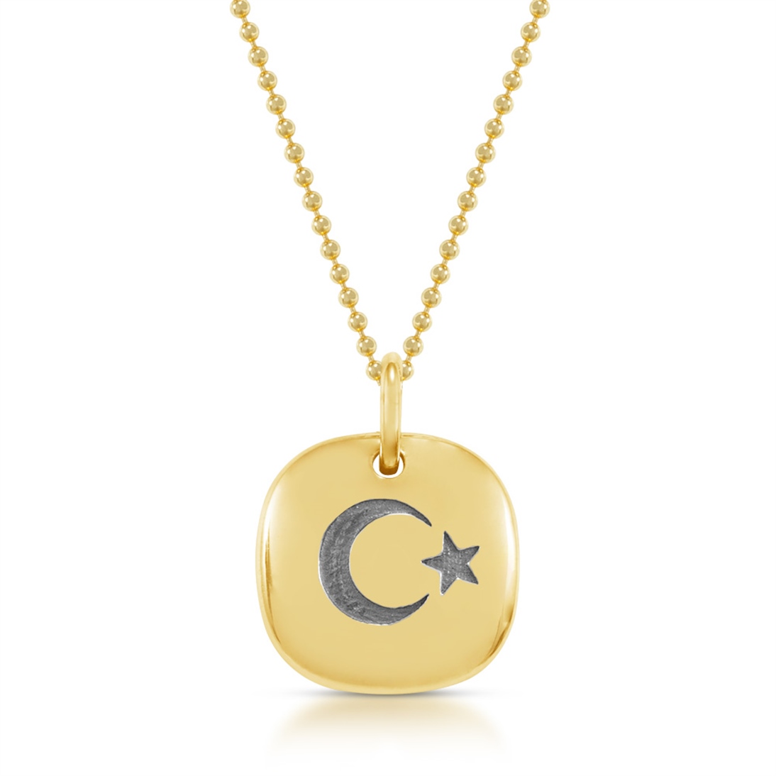 Solid Gold Crescent and Star Button Necklace