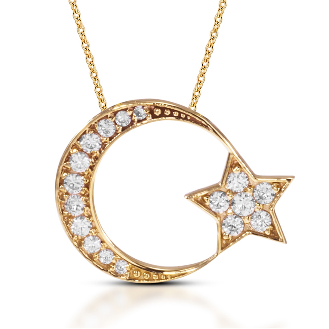Solid Gold Fancy Crescent and Star Necklace
