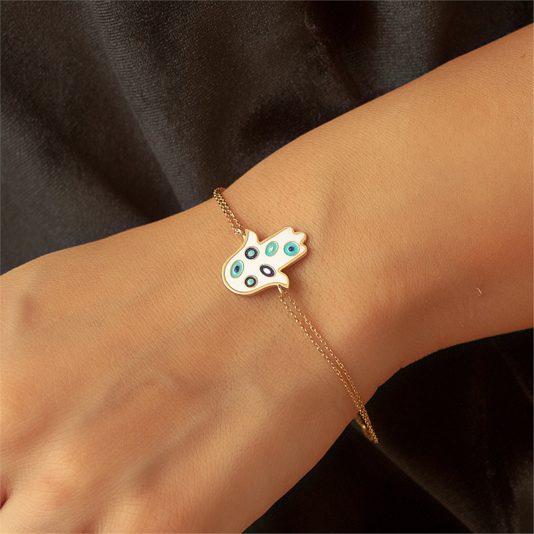 Solid Gold Enamel Evil Eye, Hamsa Bracelet