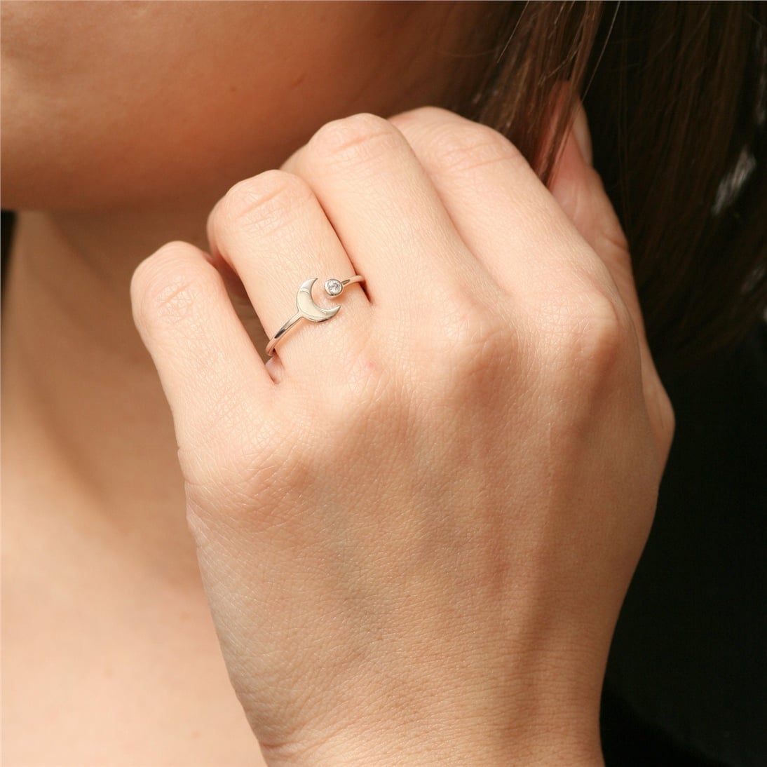 Solid Gold Moon Ring with Diamond