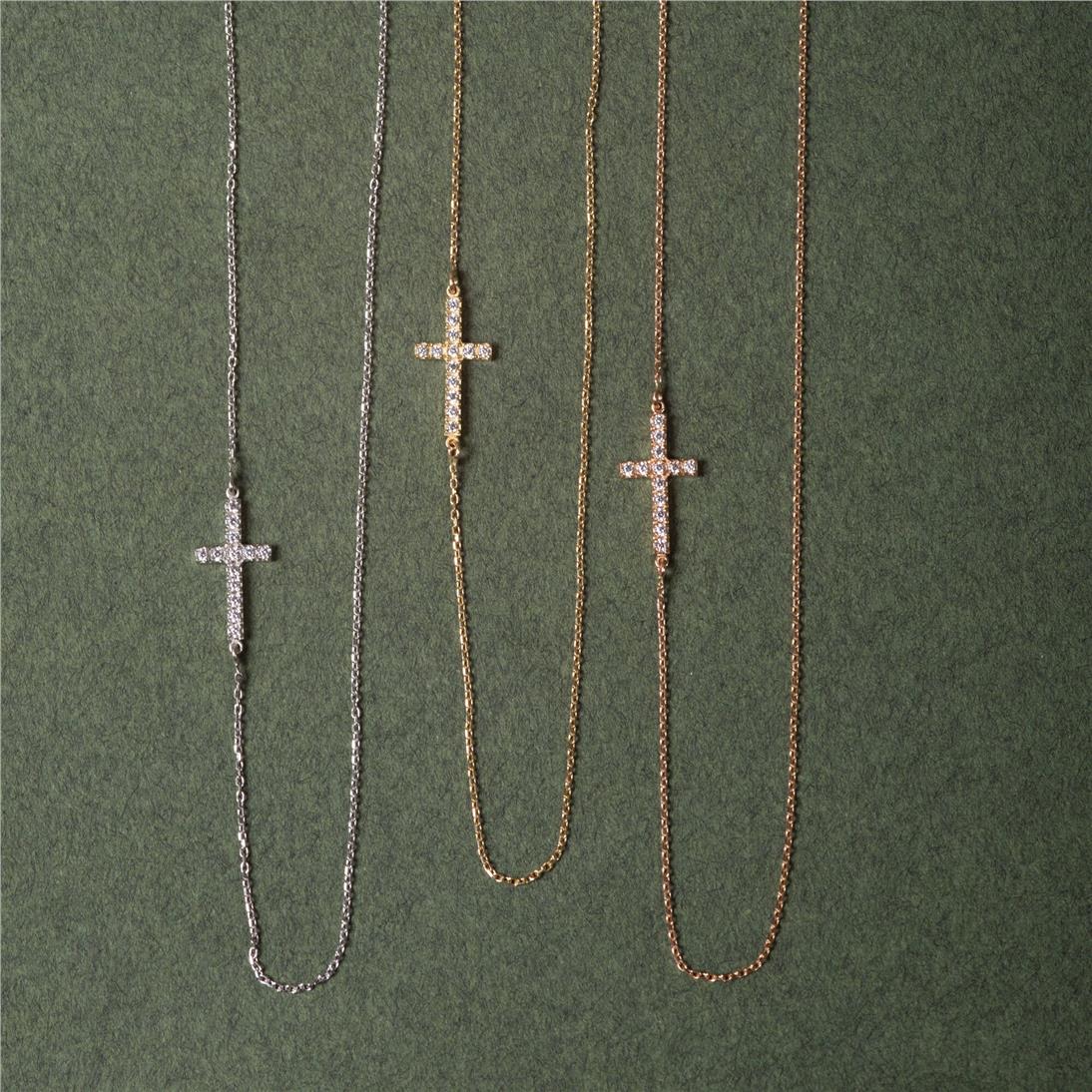 Solid Gold Diamond Sideways Cross Necklace