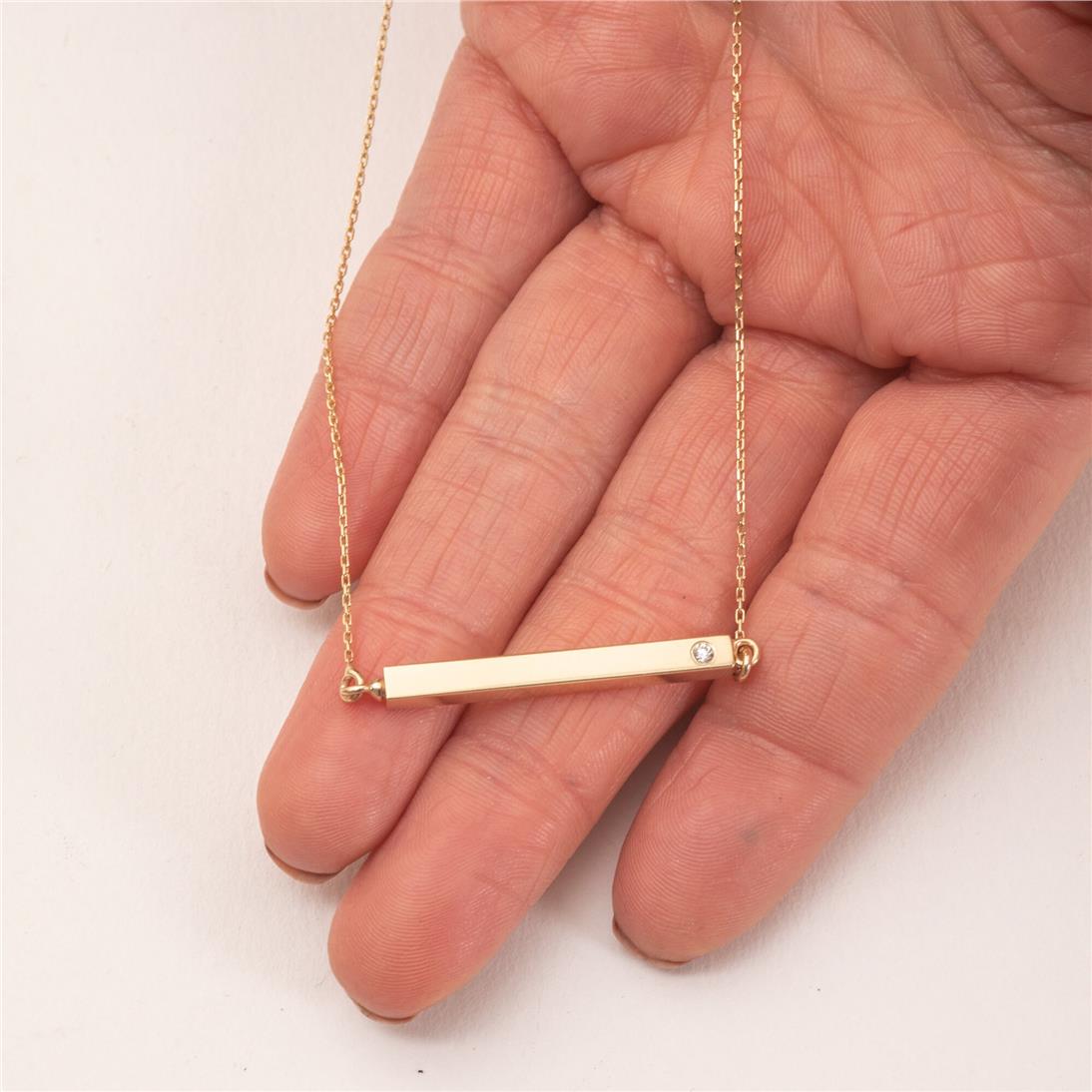 Diamond Custom Engrave 4 Side Urn 3 Cm Bar Charm Necklace, 14K 18K Real Gold Horizontal Cremation Urn Necklace, Engraved Memorial Necklace Pırlantalı Altın Kolye