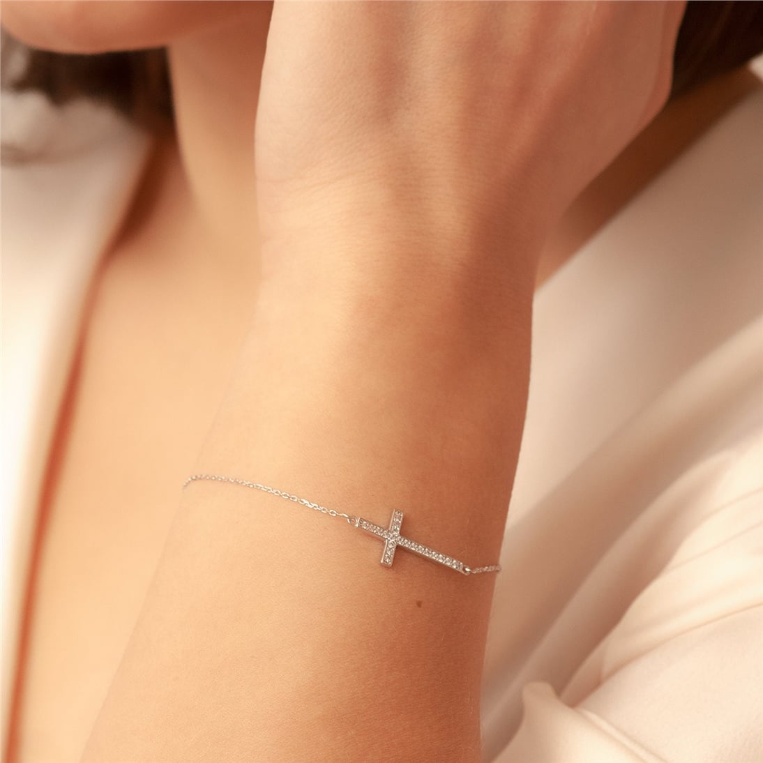 Solid Gold Diamond Sideways Cross Bracelet