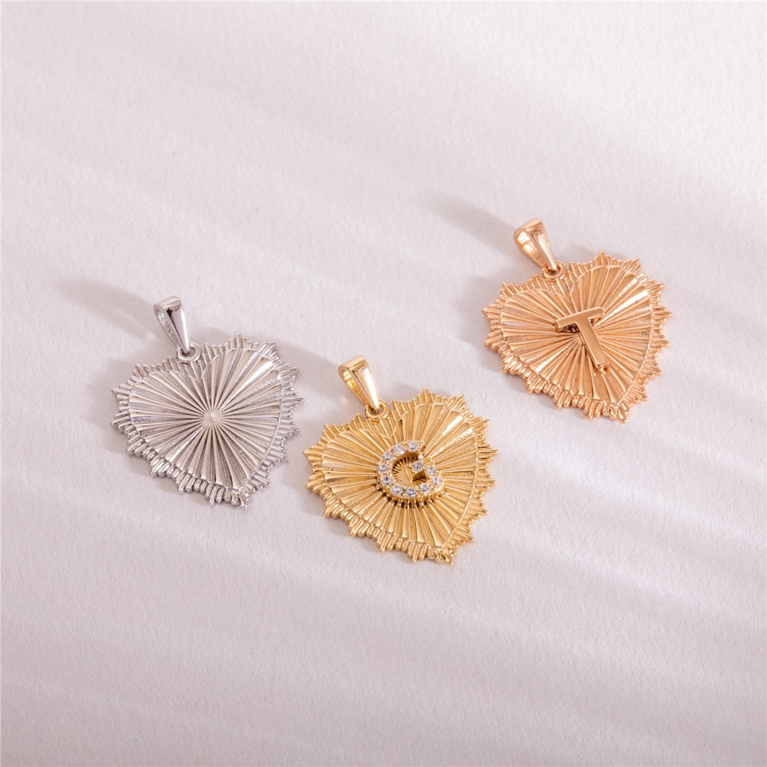 Solid Gold Fluted Frame Heart Medalion Initial Pendant