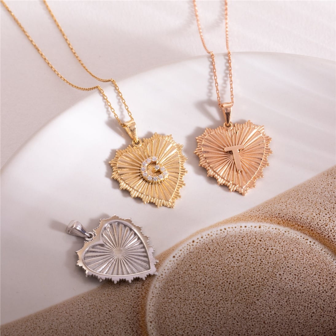 Solid Gold Fluted Frame Heart Medalion Initial Pendant