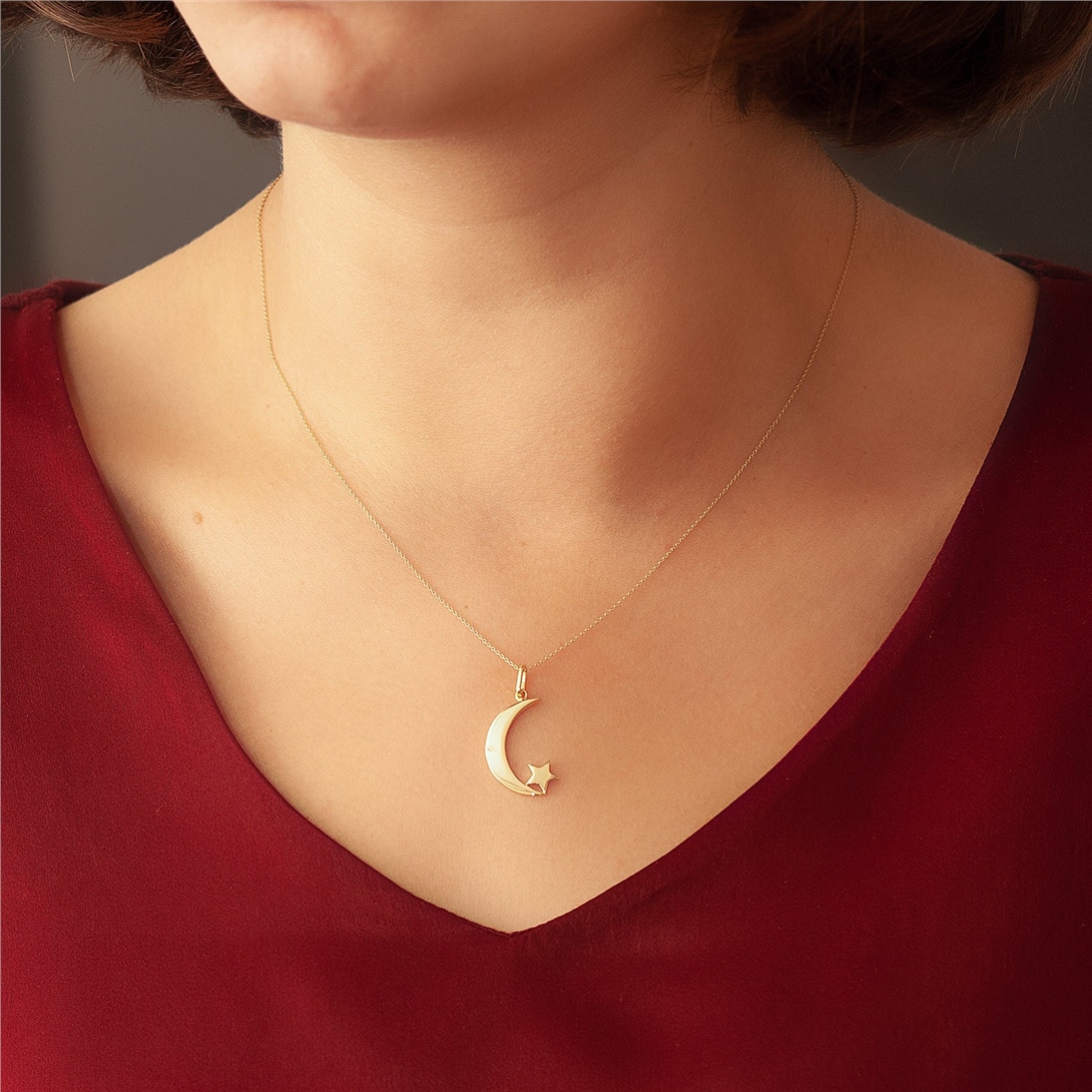 Solid Gold Star and Moon Necklace