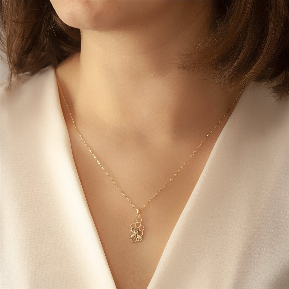 Solid Gold Honeycomb and Bee Necklace