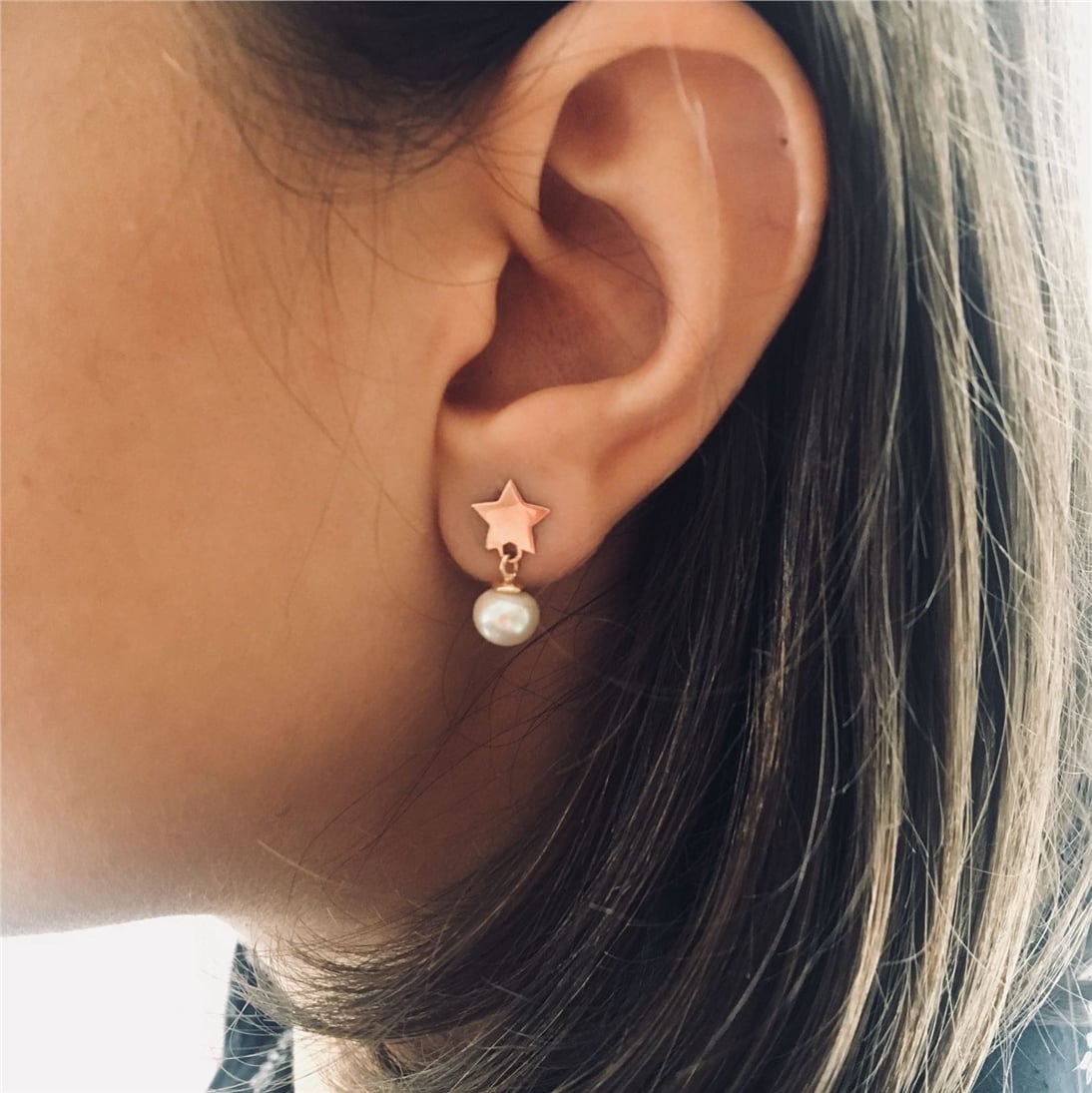 Solid Gold Star Pearl Earring