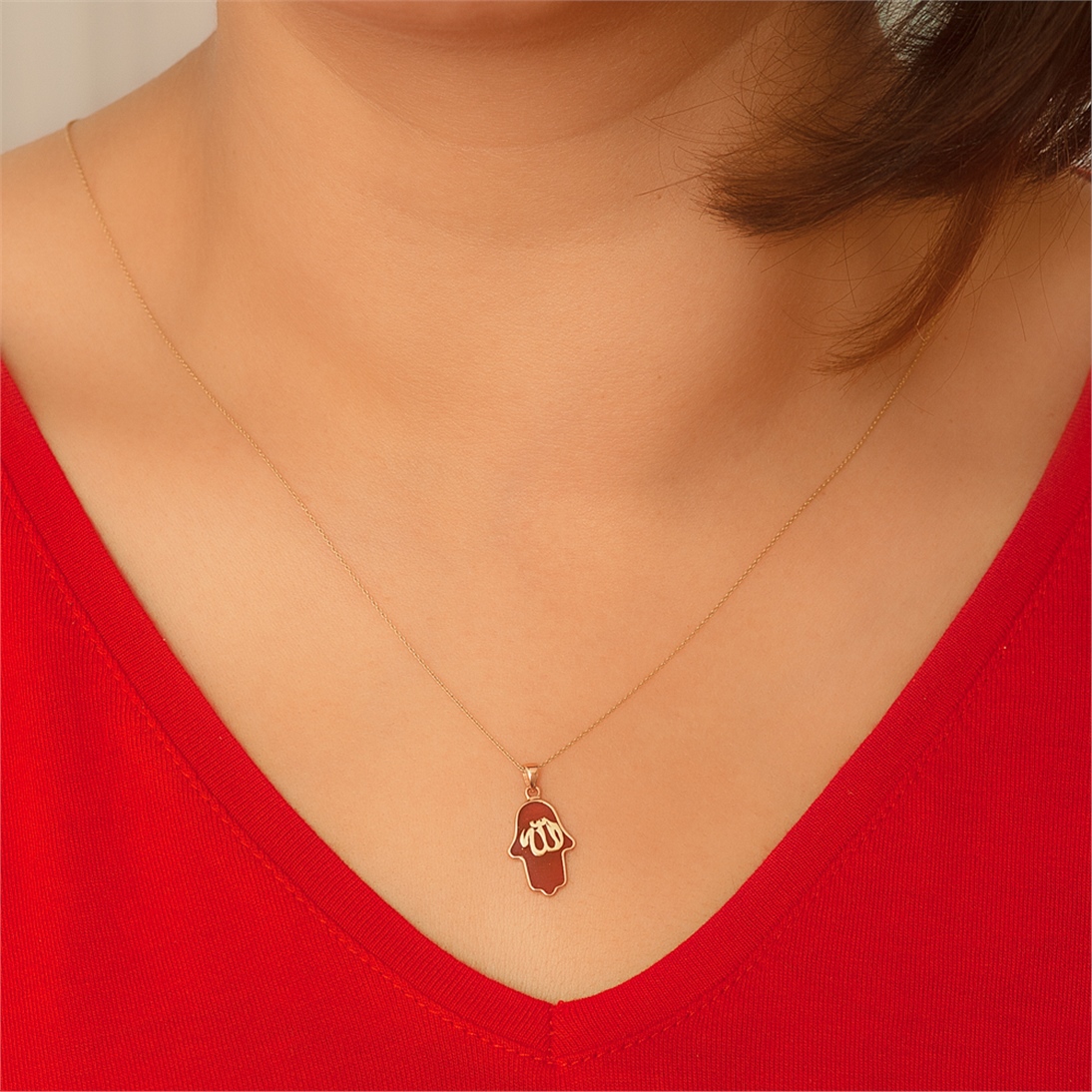 Solid Gold Enamel Hamsa Necklace