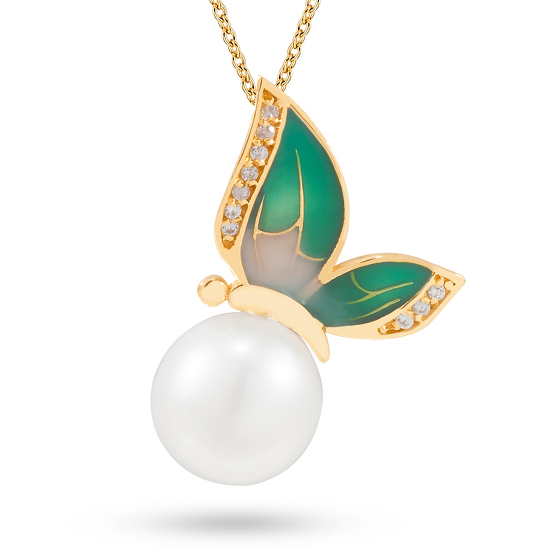 Solid Gold Enamel Butterfly Pearl Necklace
