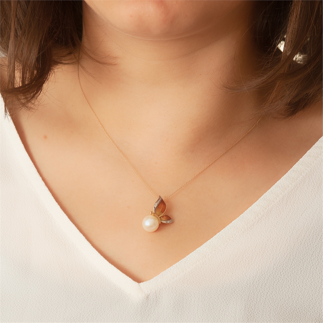 Solid Gold Enamel Butterfly Pearl Necklace