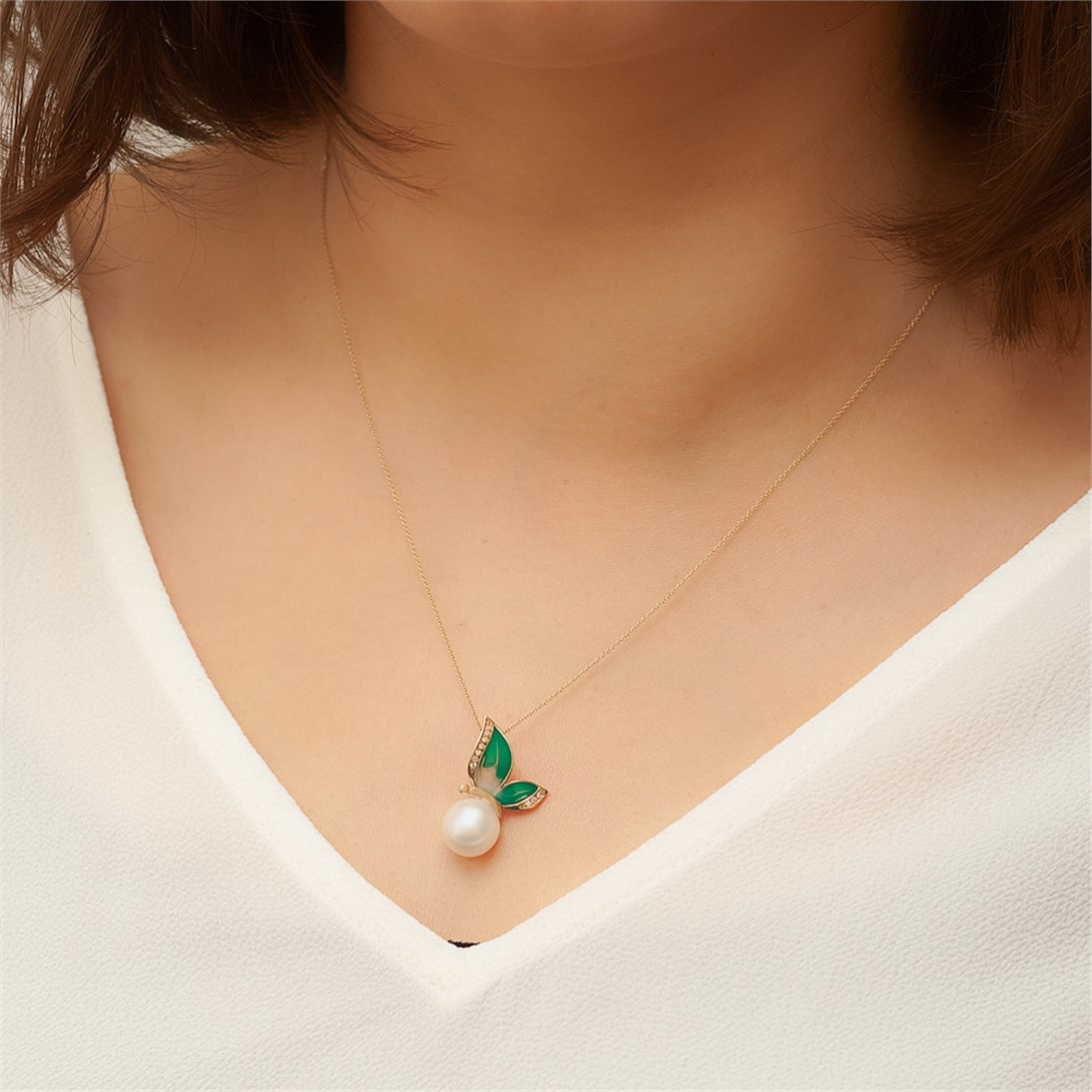 Solid Gold Enamel Butterfly Pearl Necklace