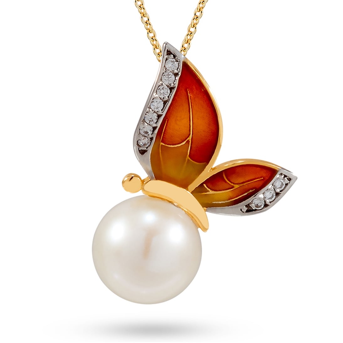 Solid Gold Enamel Butterfly Pearl Necklace