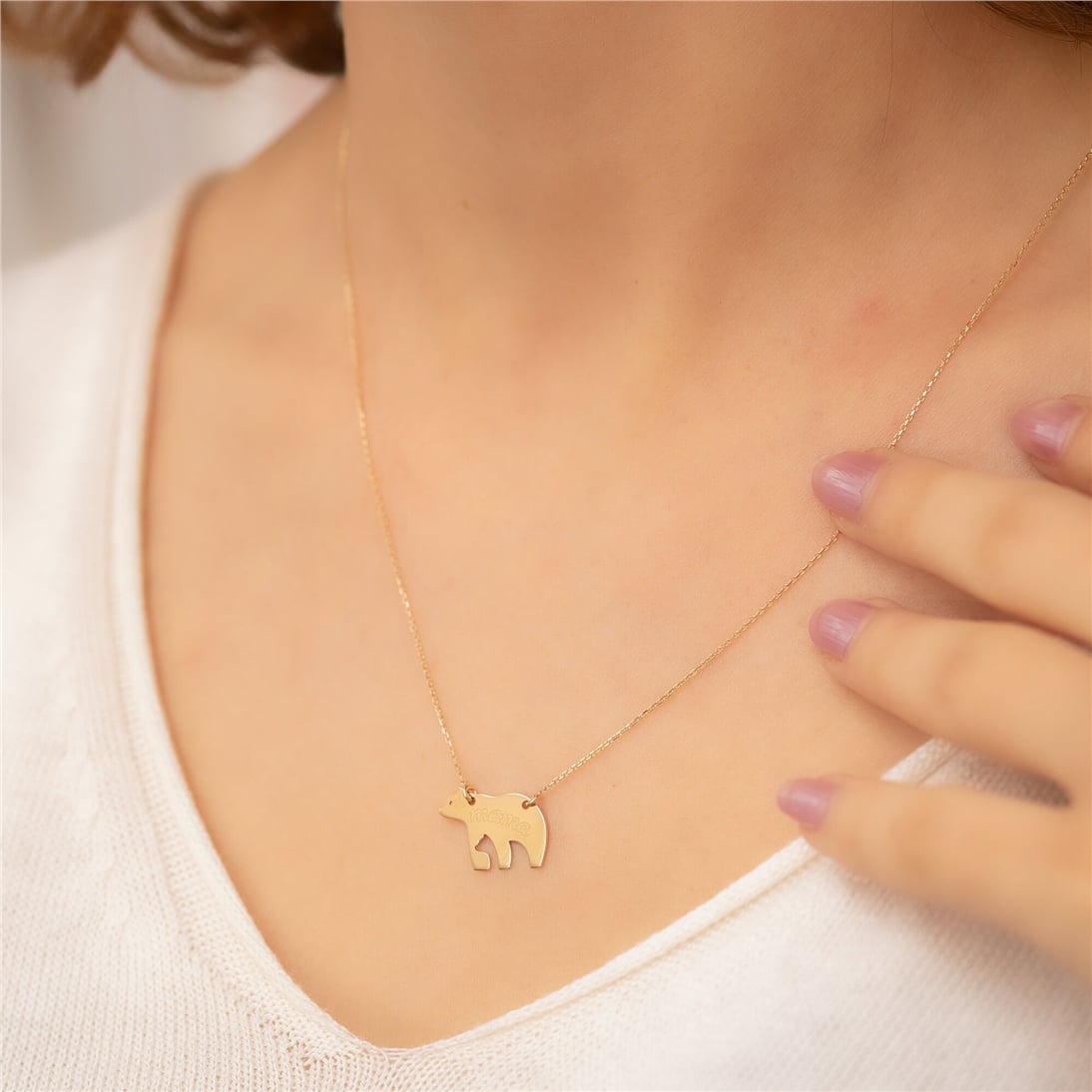 Solid Gold Mama Bear Silhouette Necklace