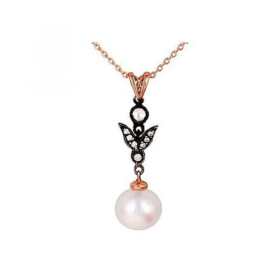 Solid Gold 0.09 ct. Rose Cut Diamond Pearl Necklace