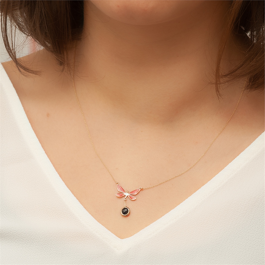 Solid Gold Enamel Butterfly Necklace