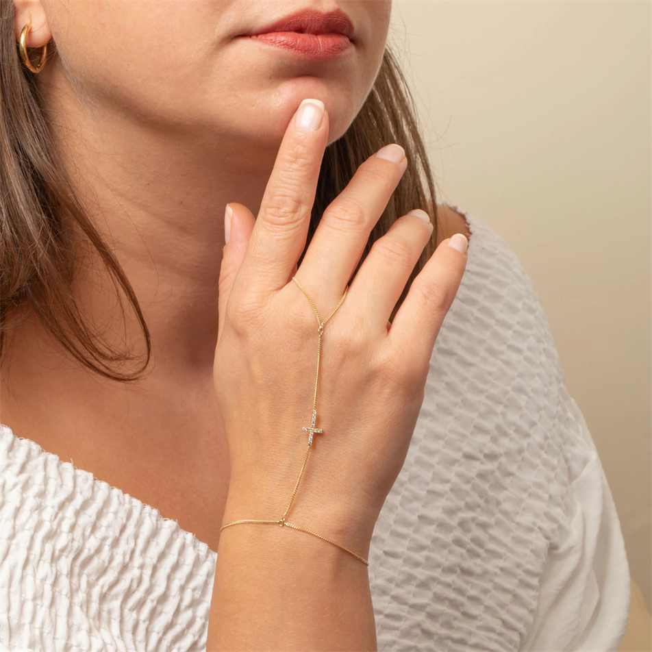 0.12 Carat Diamond Gold Cross Hand Chain Bracelet