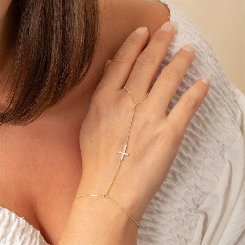 0.12 Carat Diamond Gold Cross Hand Chain Bracelet