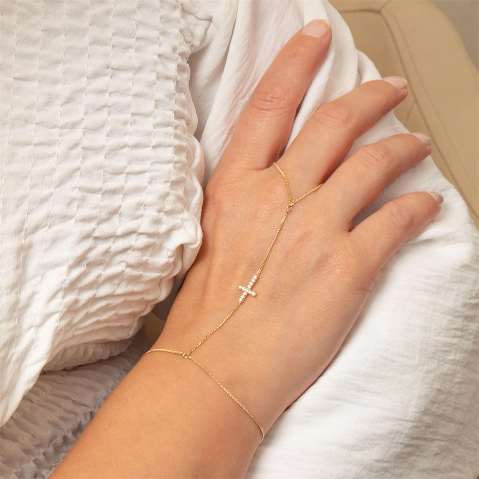 0.12 Carat Diamond Gold Cross Hand Chain Bracelet