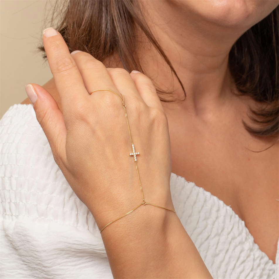 0.12 Carat Diamond Gold Cross Hand Chain Bracelet