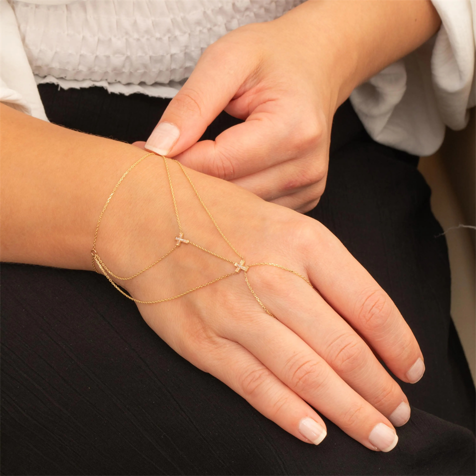 0.07 Carat Diamond Gold Cross Hand Chain Bracelet