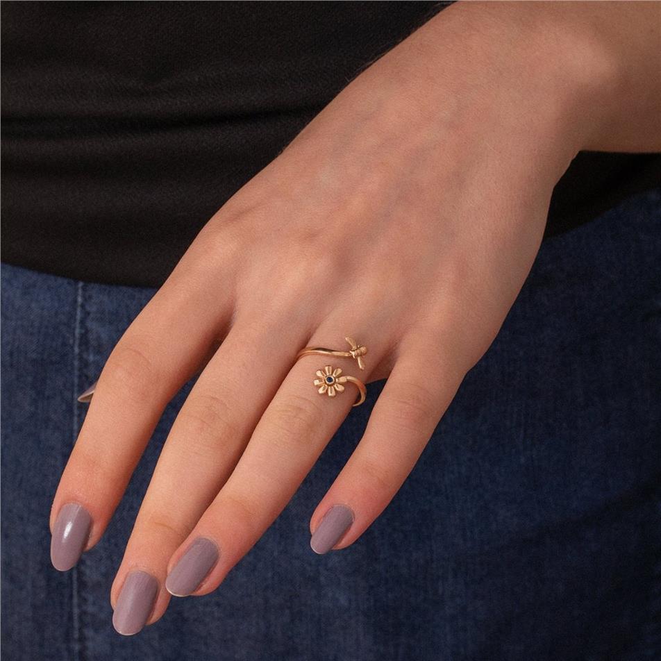 Solid Gold Daisy and Bee Wrap Ring
