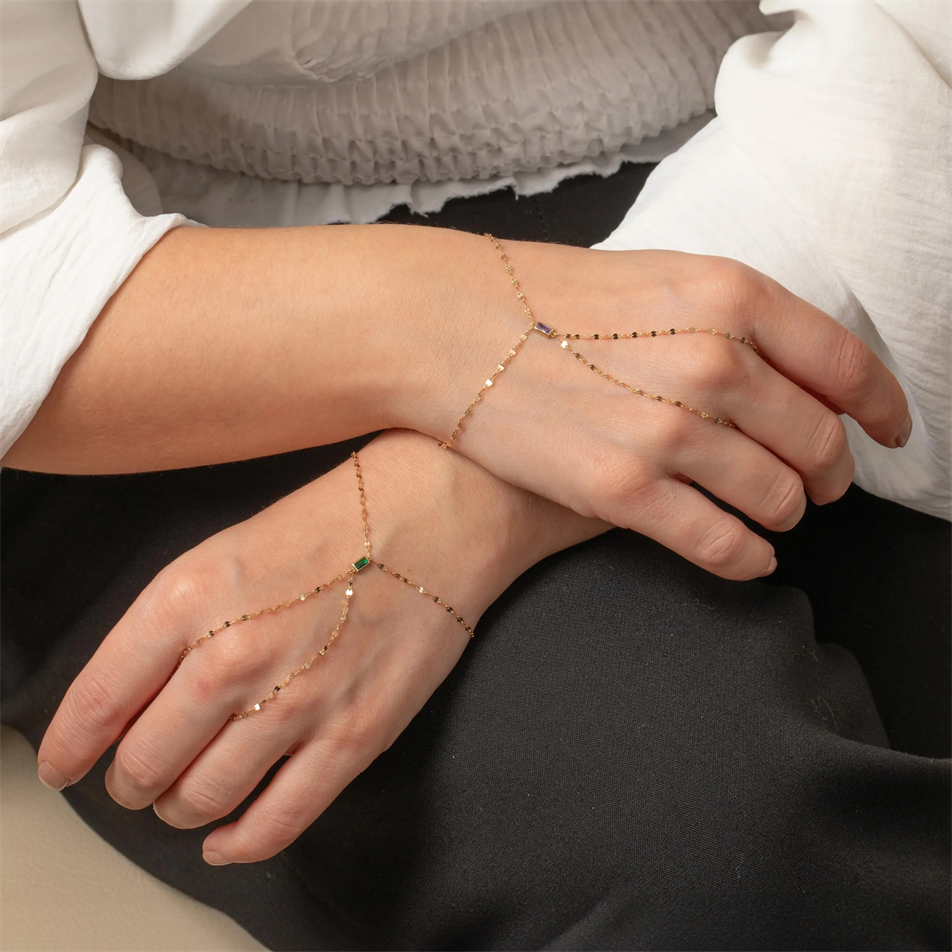 Gold Baguette Birthstone Hand Chain Bracelet