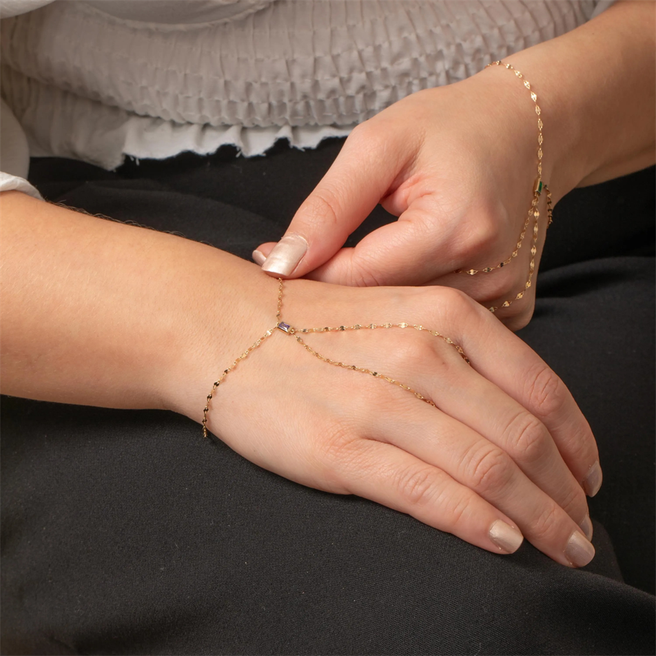 Gold Baguette Birthstone Hand Chain Bracelet