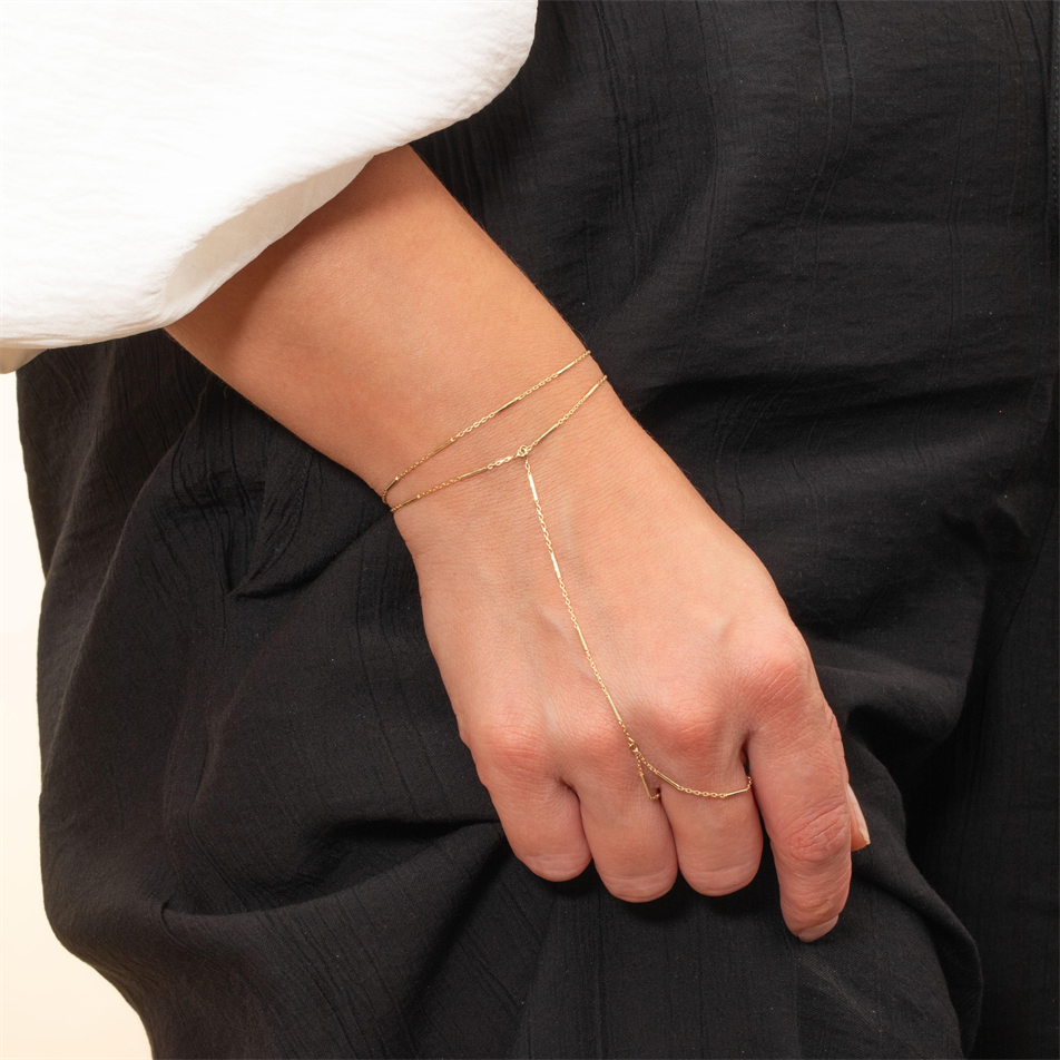 Gold Bar Station Double Chain Hand Chain Bracelet