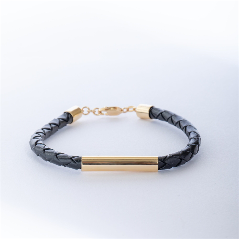 Gold Tube Leather Mens Bracelet