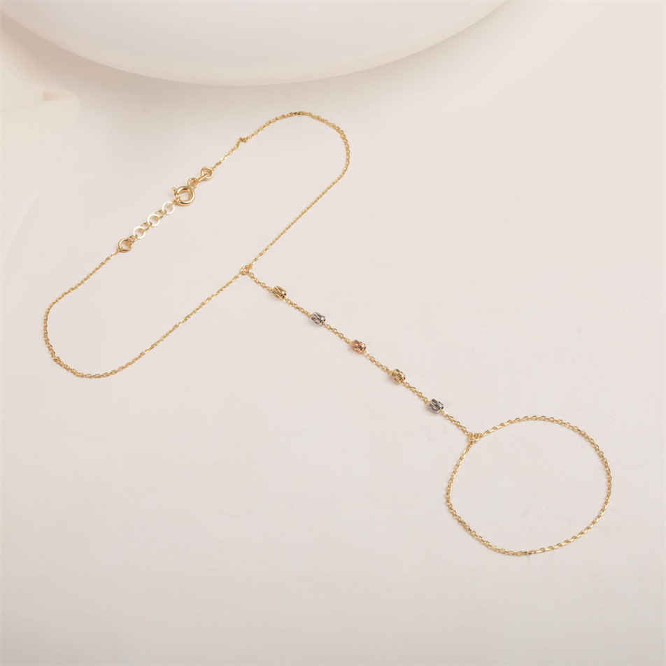 Gold Faceted Barrel Bead Hand Chain Bracelet