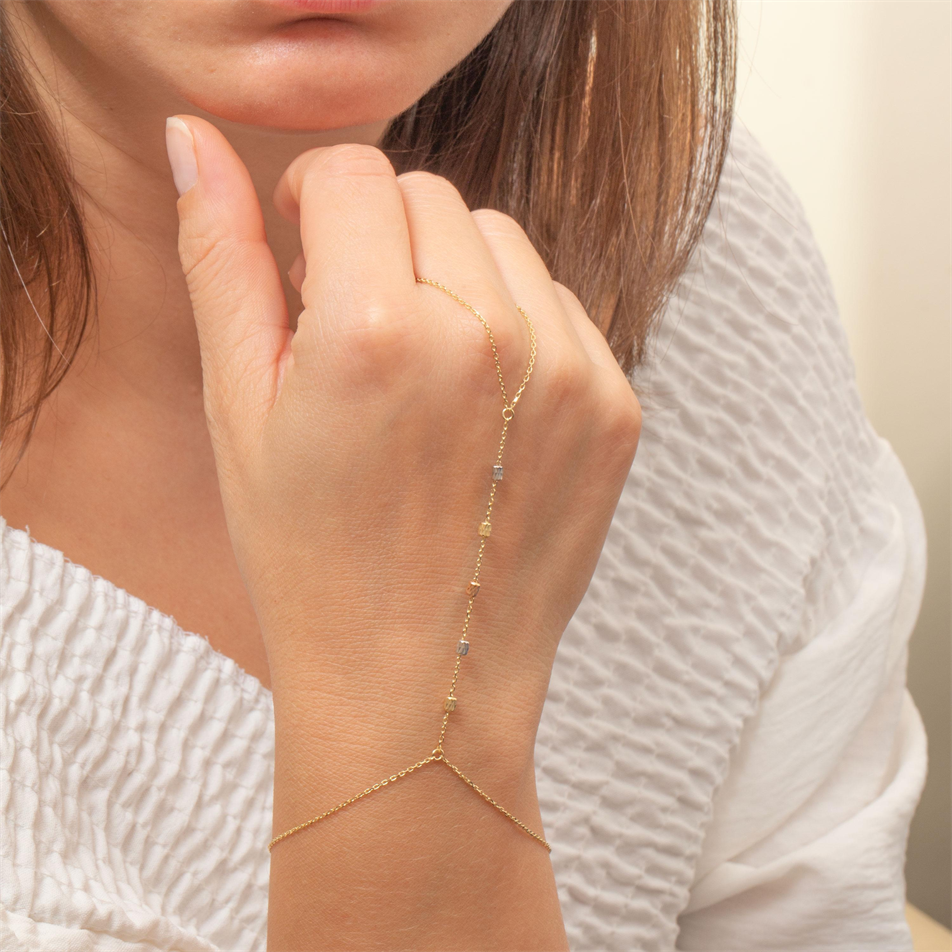 Gold Faceted Barrel Bead Hand Chain Bracelet