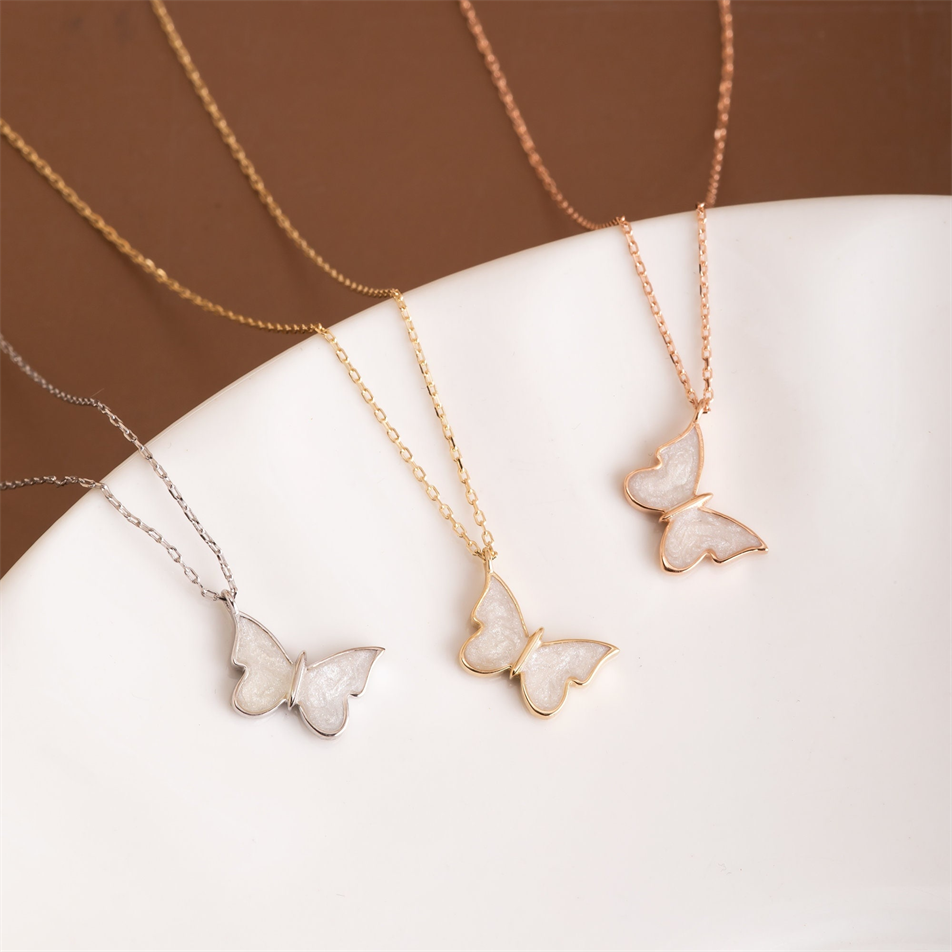 Gold White Enamel Butterfly Necklace