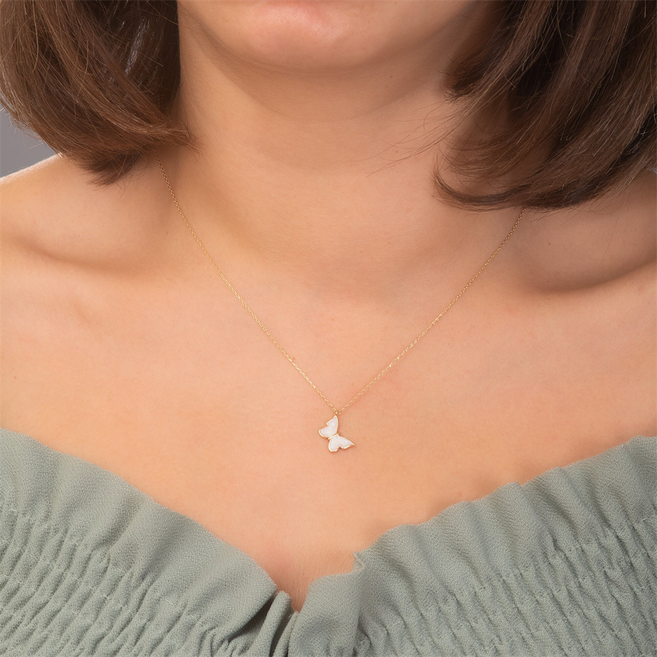 Gold White Enamel Butterfly Necklace