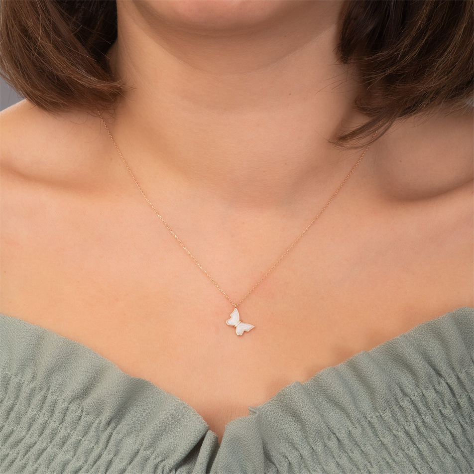 Gold White Enamel Butterfly Necklace