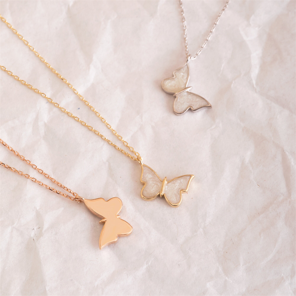Gold White Enamel Butterfly Necklace
