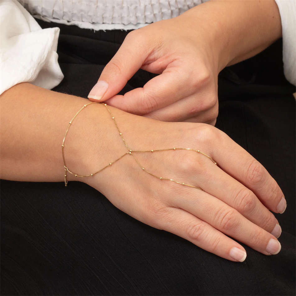 Gold Beaded Box Chain Hand Chain Bracelet