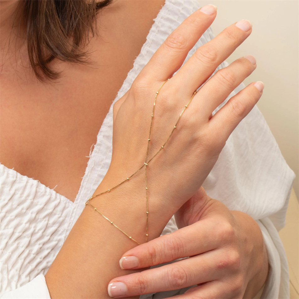 Gold Beaded Box Chain Hand Chain Bracelet