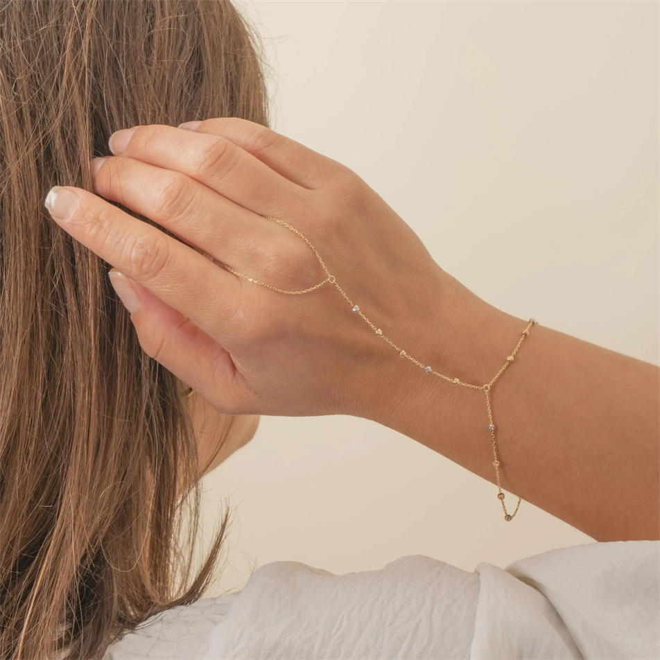 Gold 3-Tone Beaded Hand Chain Bracelet