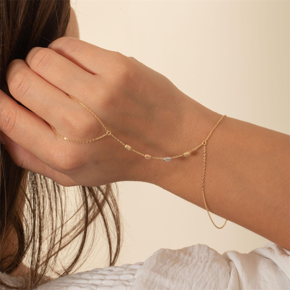 Gold Beaded Hand Chain Bracelet