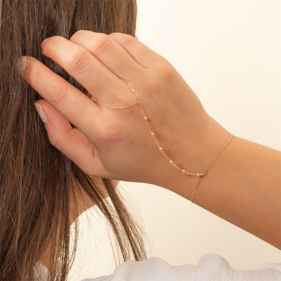 Gold Beaded Hand Chain Bracelet