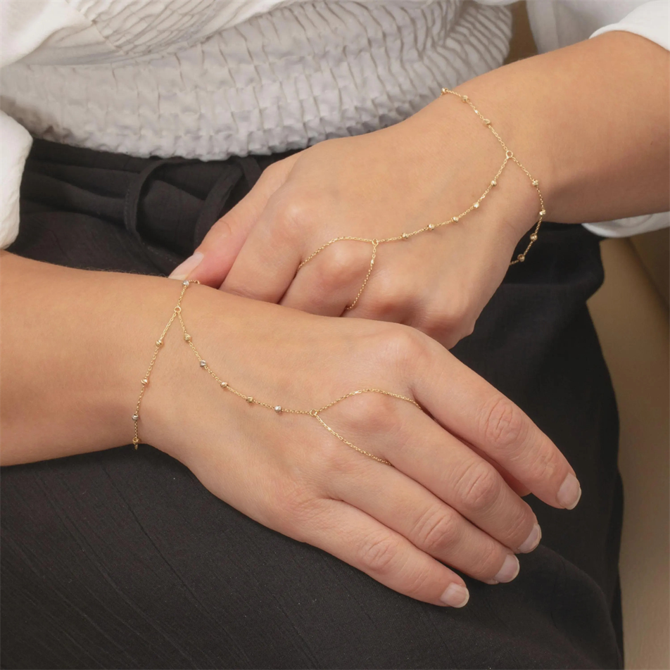 Gold 3-Tone Beaded Hand Chain Bracelet