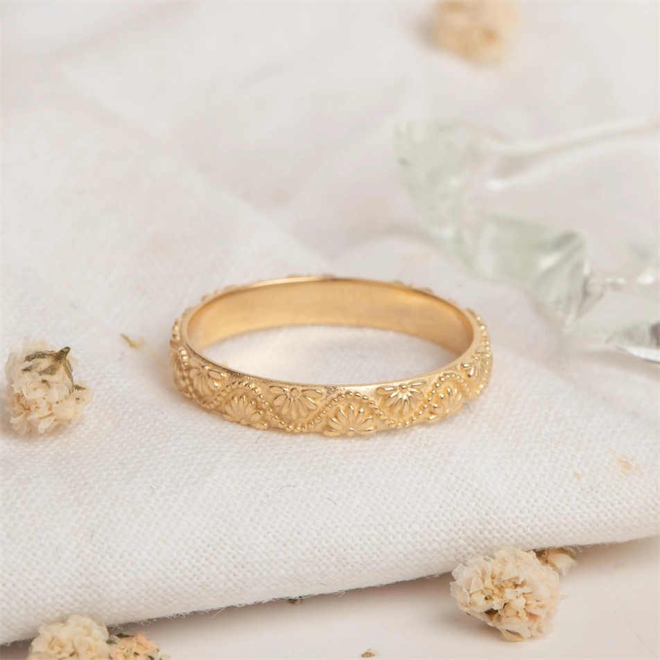 Gold Floral Engraved Wedding Band