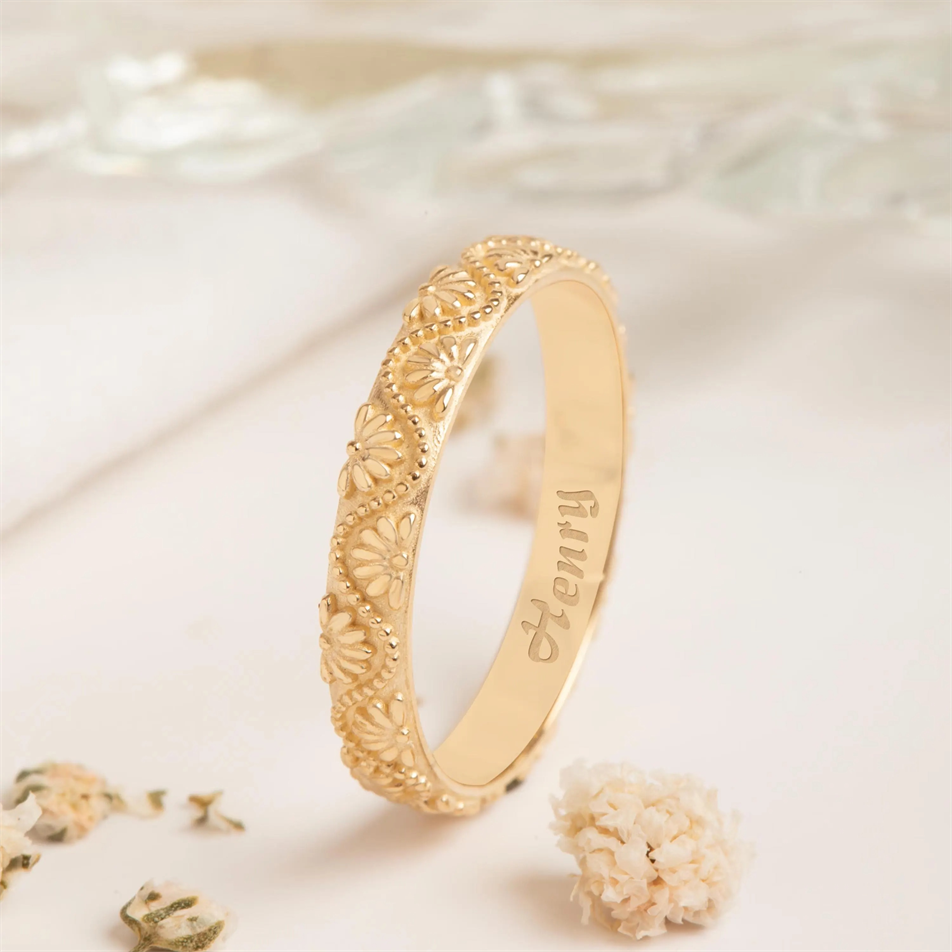 Gold Floral Engraved Wedding Band